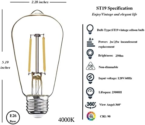 Lâmpadas de lâmpadas de 25 watts de pacote de 12 watts, 4000k White Watch Watt 2 Watt Led Bulbs Edison com base E26, 250lm,