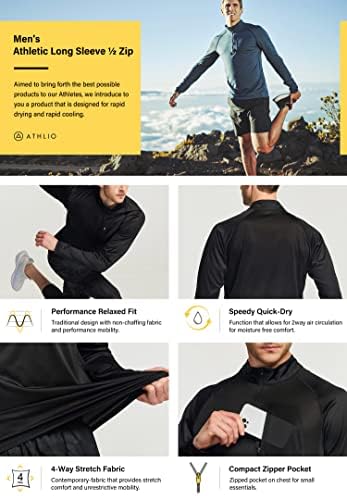 Athlio 3 Pack Men's Long Sleeve Athletic camisas - Rápido seco, proteção solar UV e 1/4 de pulôver com tampas de corrida para externo