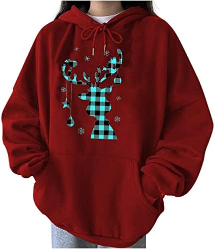 Dnuri Elk Sorto gráfico de moletom feminino Pullover feminino Capuz de natal Sorto de manga longa Tops esportivos soltos