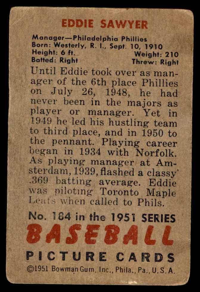 1951 Bowman 184 Eddie Sawyer Philadelphia Phillies Poor Phillies