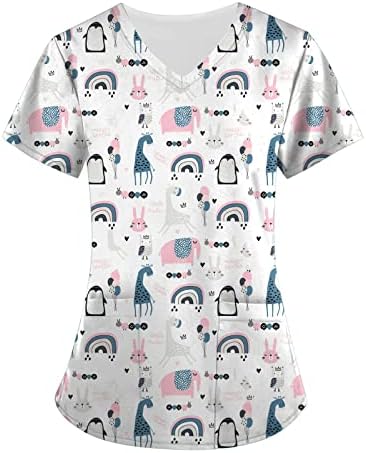 Scrubs for Women 2023 Summer Manga curta Tamas de algodão em V, uniforme de uniforme, animais fofos impressos com blusa