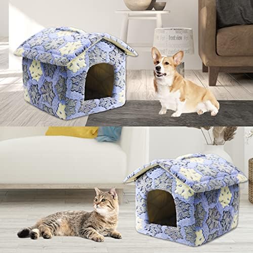 Casa de gatos com almofada removível, casa de gato quente dobrável para gatos externos/internos, gato e pequeno/médio/cachorro