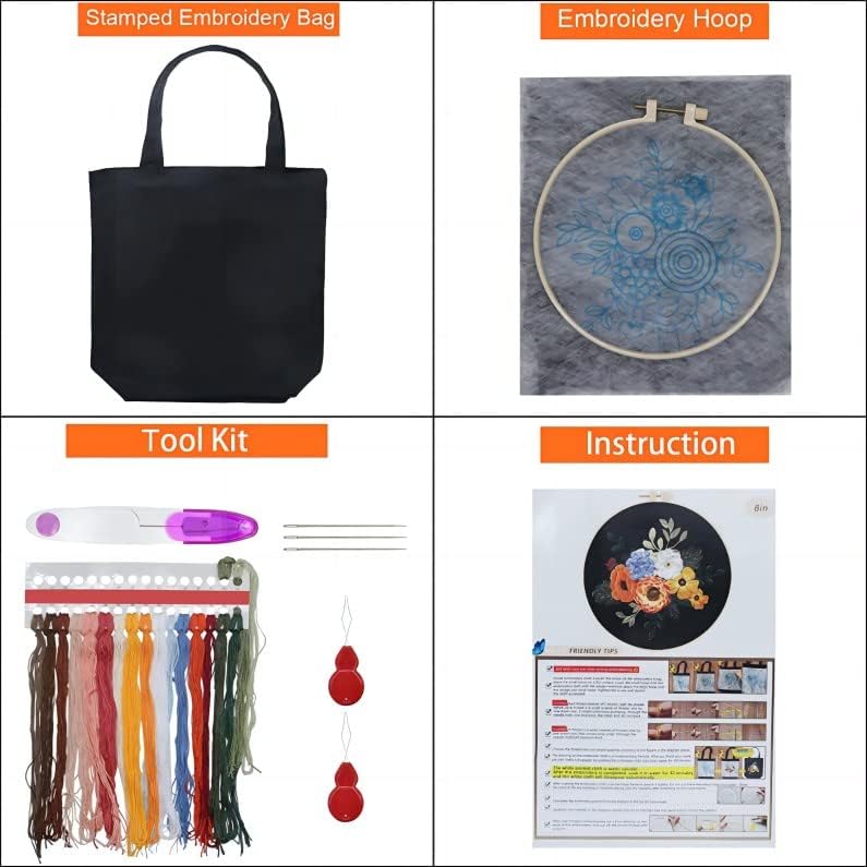 Skyblue Canvas Tote Bag Kit, Flowers Art Pattern, Kits Cross Stitch, incluindo bolsa de bordado estampado com argolas,