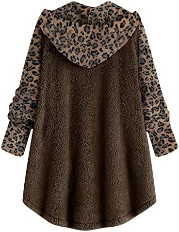 Menas de impressão de leopardo feminino botão de retalhos de retalhos de bolso de manga comprida com capuz com casaco