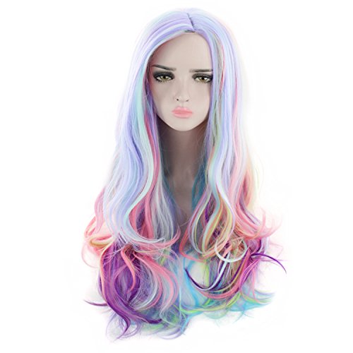 AGPTEK Full Long Curly Curly Wavy Rainbow Hair Wig, peruca resistente ao calor para festival de música, festas temáticas,