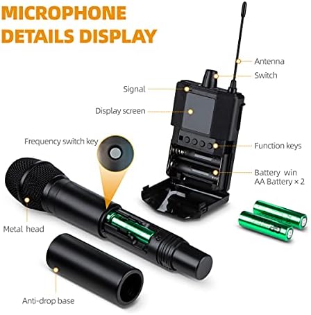 Sistema de microfone sem fio Hiberr, microfone vocal dinâmico cardióide, 240 pés, UHF 512-542 MHz, 2 * 60 frequências