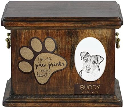 Parson Russell Terrier, urna para as cinzas de cachorro com placa de cerâmica e descrição