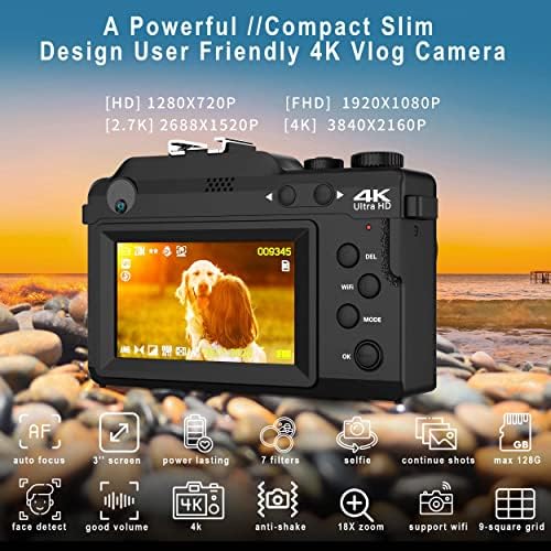 Câmera de vlogging, câmera digital 4K 48MP com Wi-Fi, cartão TF de 32g gratuito e correia de mão, foco automático e anti-shake,