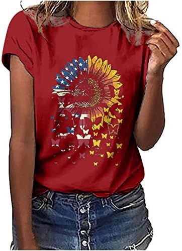 Camisas de girassol da bandeira americana para feminino Crewneck Holiday Blouse Novelty Graphic Tees USA Independence Day Tunic