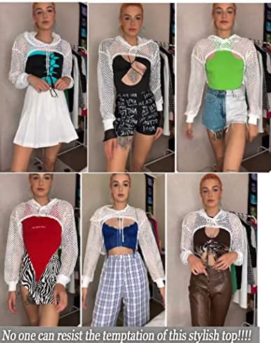 Avidlove Mesh Crop Top Hoodie Tops Rave Tops for Women Long Slaves Fishnet camisa para a festa do clube do festival