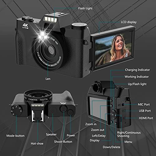 Câmera de vlogging, câmera digital 4K para YouTube com Wi -Fi, Zoom digital 16x, tela de deslizamento de 180 graus, lente de grande