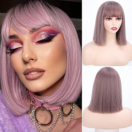 Perucas bob roxas com franja altura do ombro peruca sintética Bob straight wig para mulheres peruche