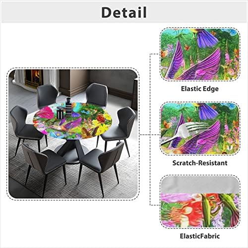 Alaza equipou toalha de mesa redonda com limpeza de borda elástica de mesa de flor de beija-flor limpa para uso externo/interno,