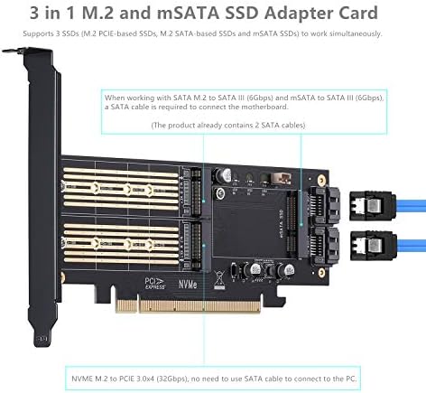 3 em 1 M.2 e MSATA SSD Adapter Card para M.2 NVME para adaptador PCIE, M.2 SATA SSD para adaptador SATA III, MSATA ao adaptador SATA