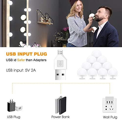 Kit de luzes de espelho de vaidade da iluminação com 10 lâmpadas LED diminuídas, luzes de vaidade do cabo USB com 3 modos de cores