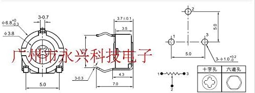 10pcs/lote top pt06 potenciômetro ajustável ajustável B104 B100K Horizontal Arrow Diâmetro 6 mm 3 pés