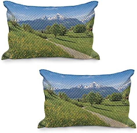 Ambesonne Mountain acolchoado Caso de travesseiros, cenário de primavera em Alpes com grama floral e tops de montanha