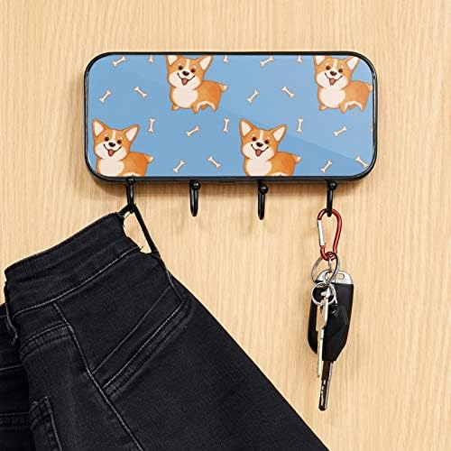 Little Corgi Dog Pattern Padrão de osso Blue Print Rack Mount Rack de parede, Casaco de entrada com 4 CoNHAÇÃO PARA