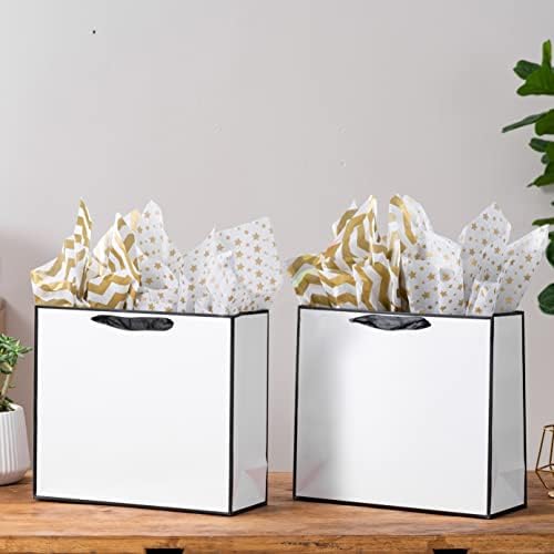 Shipkey 12 Pacote sacos de presente brancos com papel de seda, 12,5x4.5x11 polegadas sacos de papel branca com alças