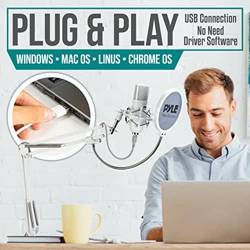 Kit de transmissão de microfone de condensador USB PYLE - Computador profissional/Mac Mic Audio Cardioid Boom com suporte de