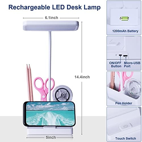 Pequena lâmpada de mesa de LED com função de caneta/telefone, luz recarregável de mesa com ganso flexível, 3 modos de cores,