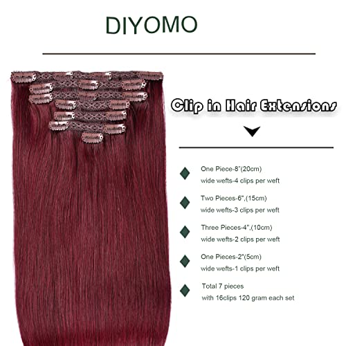 Clipe Diyomo em Extensões de Cabelo Vinho Humano Real Vermelho 99J Borgonha Clipe vermelho escuro em extensões de cabelo