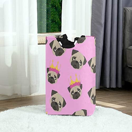 Yyzz Cartoon Pug Dog Crown on rosa grande lavanderia bolsa de cesta de cesta