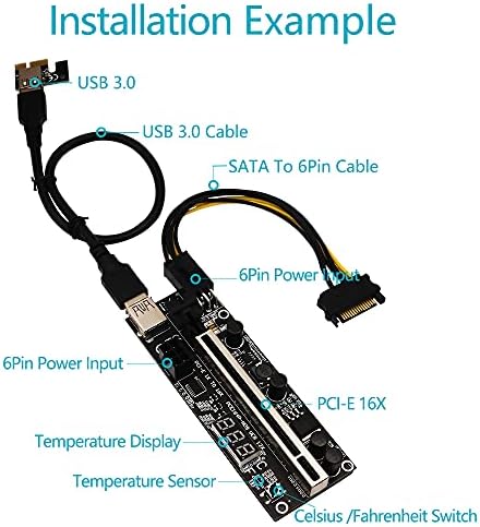 PCIE RISER 1X a 16X Extensão gráfica com sensor de temperatura para Bitcoin GPU Mining Riser Powerd Riser Card, nova versão