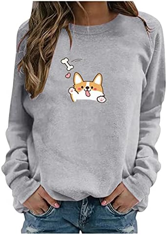 Sorto casual de ilugu, fofo corgi de manga longa de manga longa pescoço de blusa solta tops de blusa camisetas