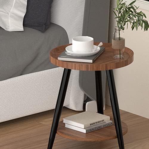 Mesa redonda de 2 camadas de Bellglee, mesa lateral pequena com moldura de metal resistente, mesa lateral da cama/mesa de café