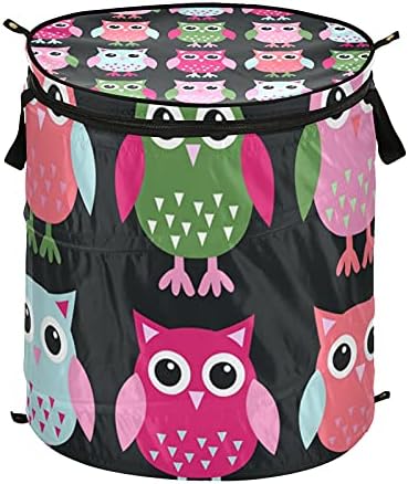 Cute Owl Pop Up Lavanderia cesto com tampa com zíper cesta de roupa dobrável com alças Organizador de roupas de cesto