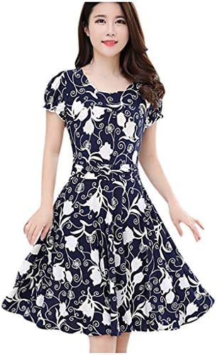 Vestido de balanço floral feminino Padrão de cintura alta impressão de manga curta Retro redonda de pescoço redondo A-line